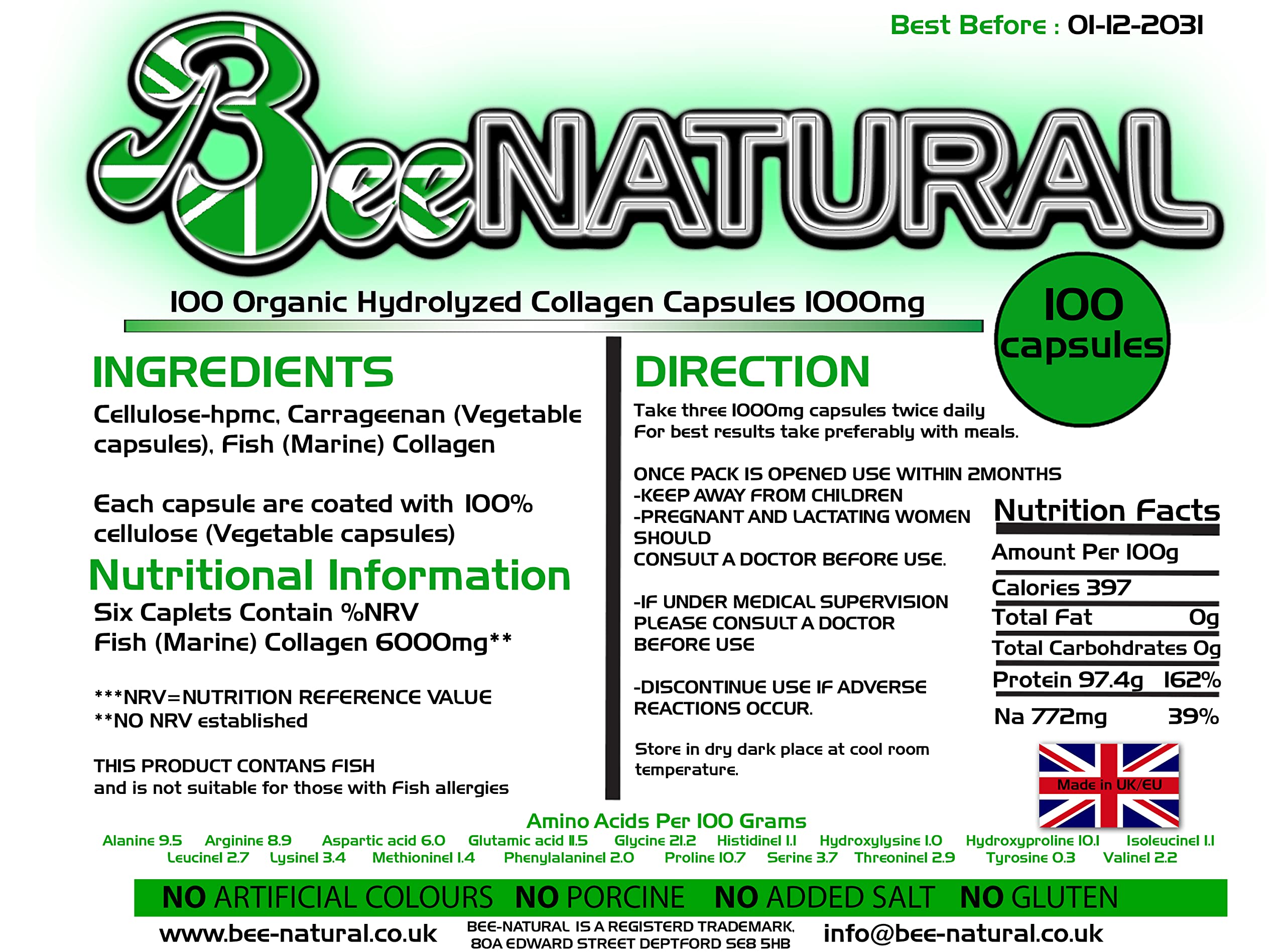 100 Hydrolyzed Collagen Capsules 1000mg Bee-natural